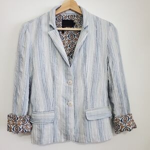 Debbie Shuchat 6 Blazer Linen Light Blue Stripe Fitted Blazer Coat Flowers Boho